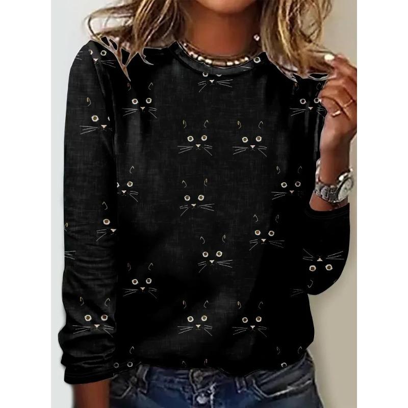 Rundhals 3D Katze Bedrucktes Oberteil Lässige Langarm Damen T-Shirts - Weicher Mitteldehnbarer Polyesterstoff Frühling und Herbst Relaxed Fit Kleidung