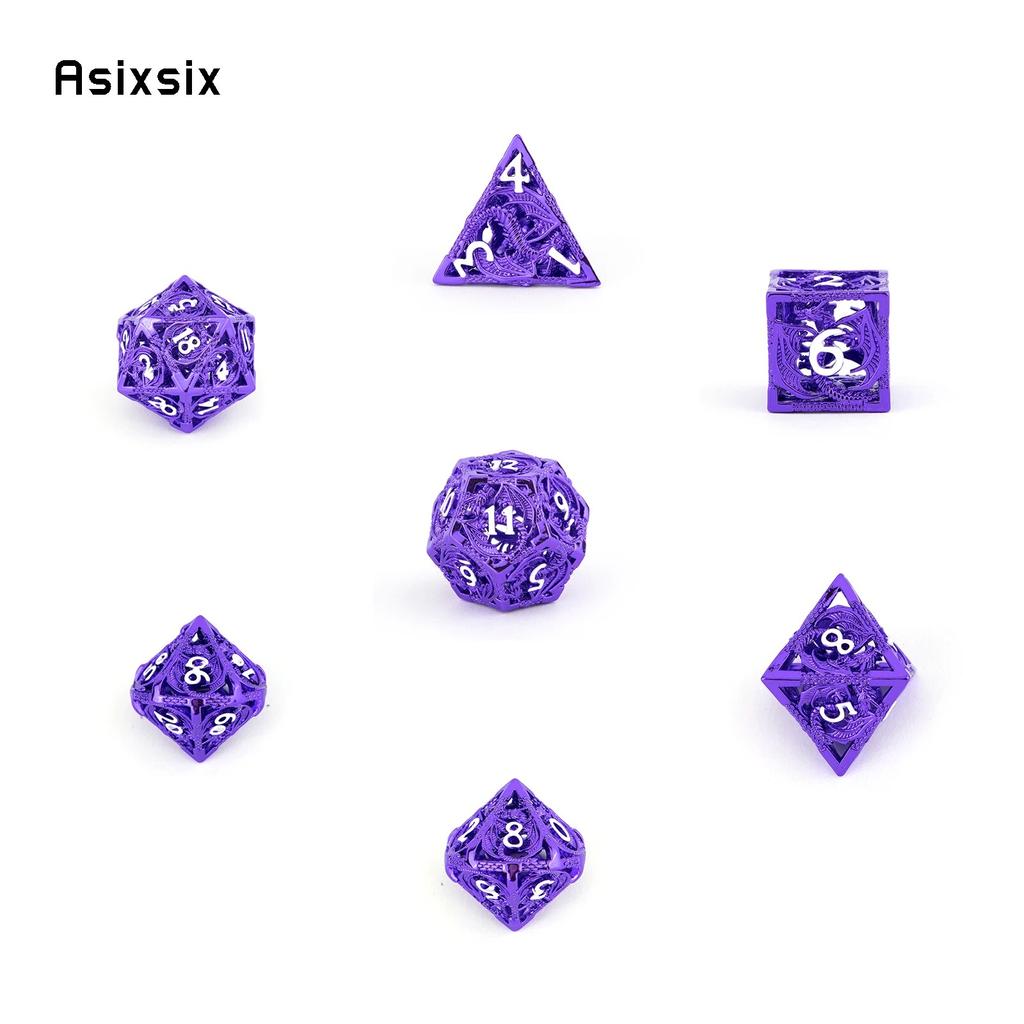 7 Pcs Purple White Dragon Metal Dice Hollow Metal Polyhedral Dice Set Suitable for Role-Playing RPG  Board Game Card Game