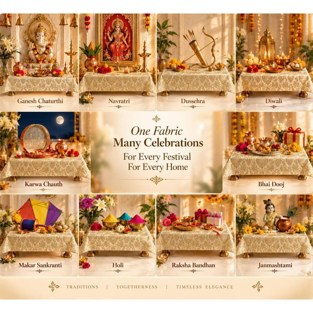 Ivory Brocade Silk Luxurious Rectangular Chowki Cover 18x24 Inches | Puja Chowki, Bajot, Patiya, Peedha,Ganpati Chowki, Puja Platform, Puja Table