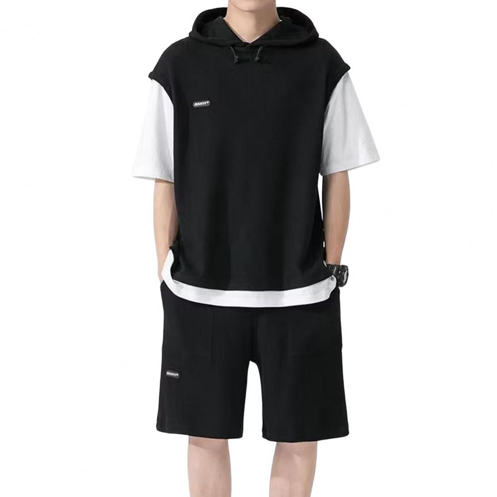 Two Pieces Outfit Men's Casual Sport Outfit Set with Hooded Drawstring Top Elastic Waist Shorts Waffle Texture for Active