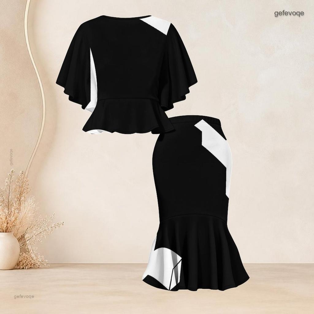 Women Plus Size Two Piece Set Round Neck Batwing Sleeve Black White Printed Ruffle Hem Top Fishtail Skirt