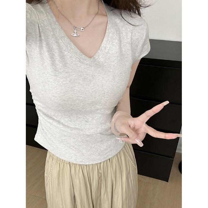 

Side folds waist slim top women s summer V-neck small fly sleeves front shoulder high waist short open button slim short sleeve T-shirt XL світло-сірого кольору