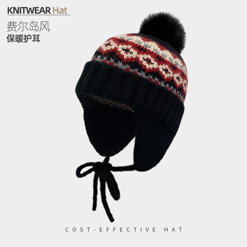 Vintage Fair Island Hat Women'S Windproof And Cold-Proof Wool Hat Warm Ear Protector Lei Feng Hat Show Face Small Knitted Hat