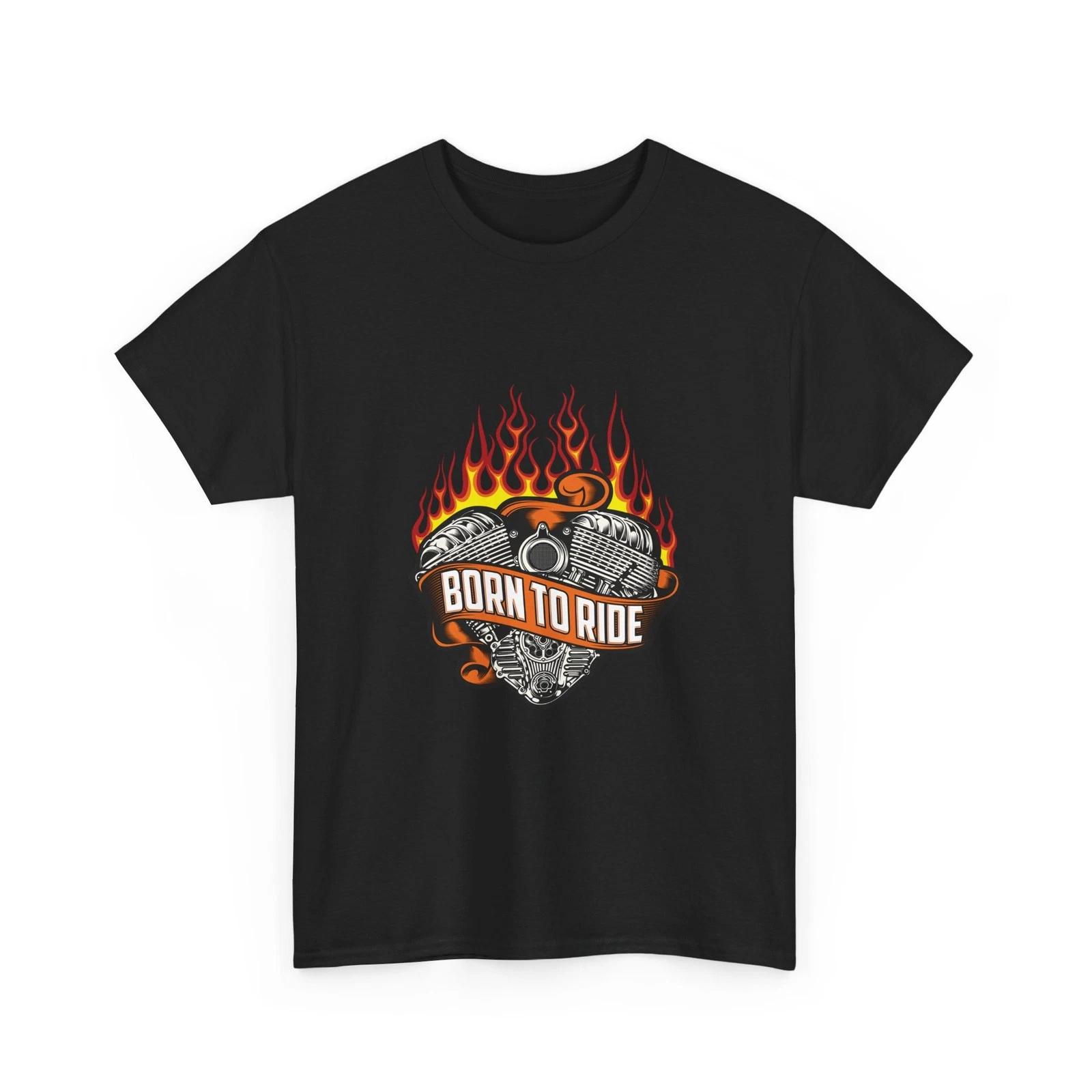 Born to Ride Motorcycle Tee | Flaming Engine Graphic Style, Quality Cotton Tee L