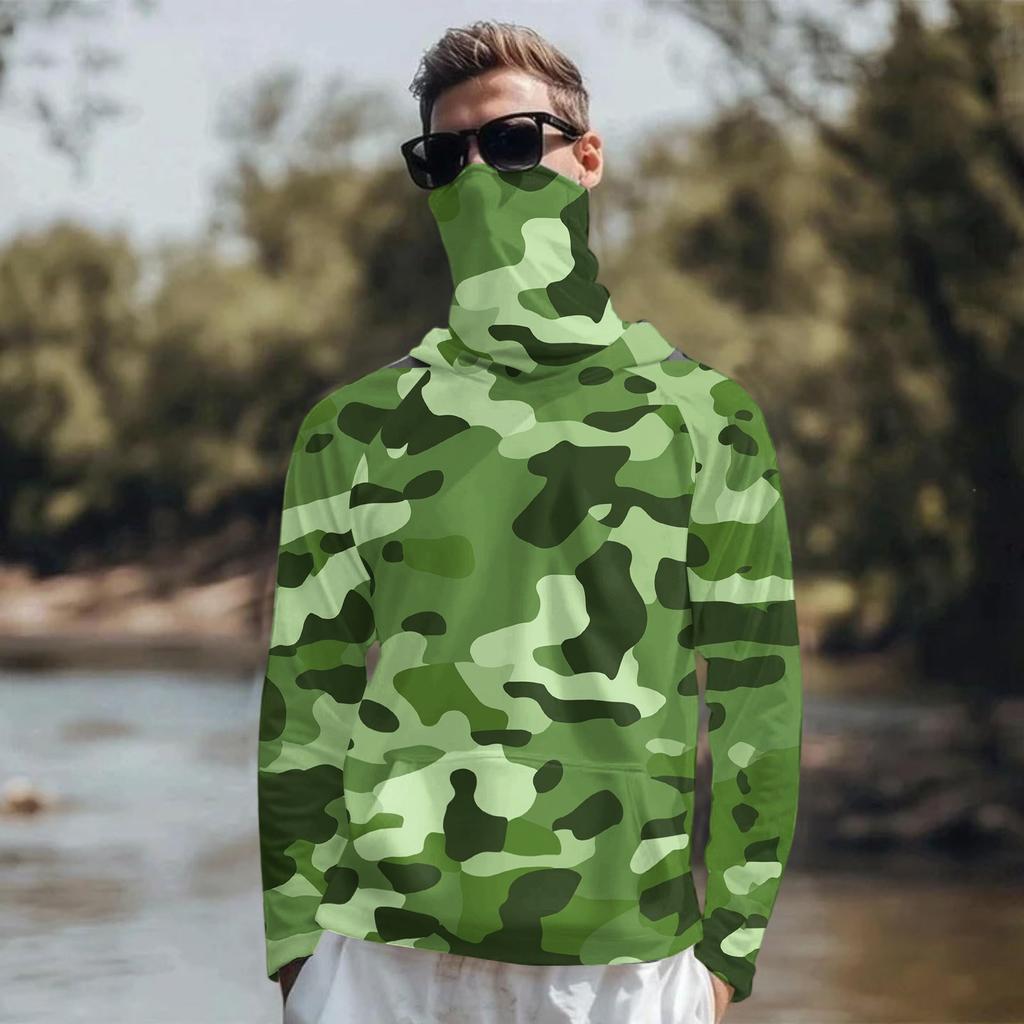 Maglia da Sole Leggera a Maniche Lunghe con Cappuccio e Copertura Facciale Integrata, Traspirante, Resistente ai Raggi UV, Top da Pesca e per Attività all'Aperto da Uomo