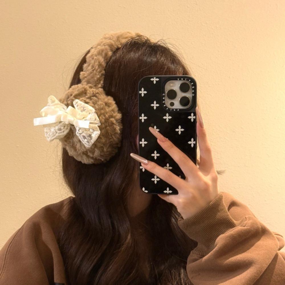 

Однотонная плюшевая грелка для ушей с бантом, защита для ушей, модные складные наушники, для улицы кофейный