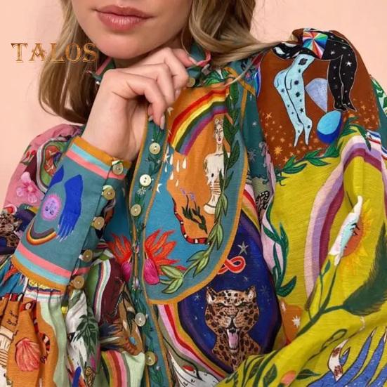 Sukienka damska na jesień i lato ze stójką, jednorzędowa, z długimi rękawami typu latarnia, wąska talia, vintage, falbaniasta, plisowana, kolorowa, z nadrukiem, mini sukienka