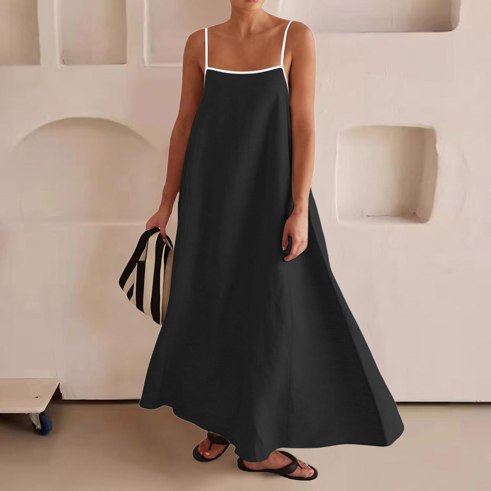 

Ladies Loose Comfortable Casual Fashionable Color Blocked Cotton Leprosy Suspender Large Swing Dress XL чёрный