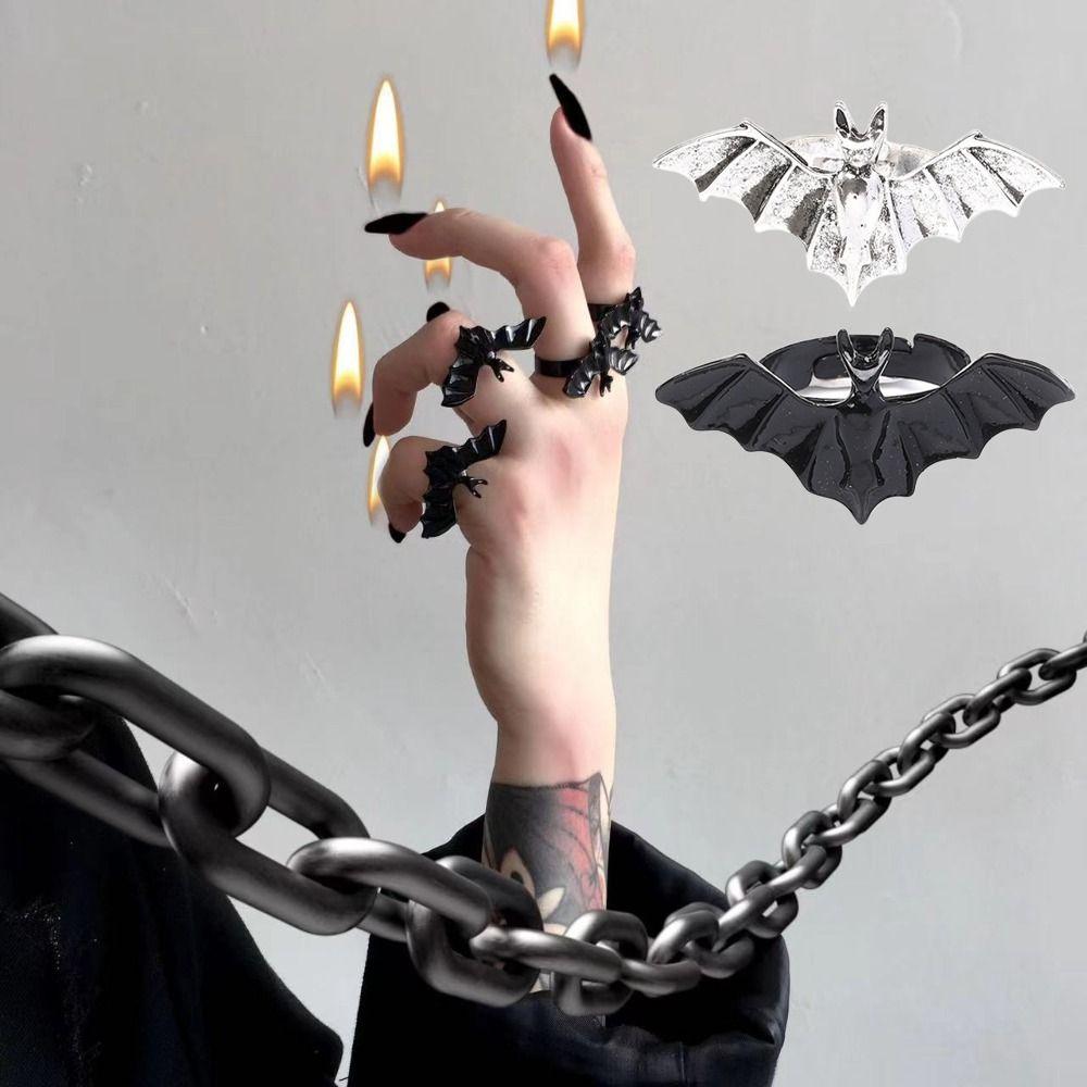 Shiny Rhinestone Gothic Bat Ring Dark Fashion Halloween Opening Ring Spider Web Heart Ring  Gift