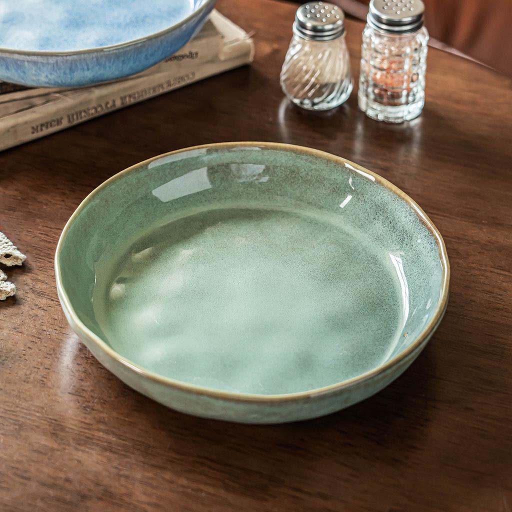 Ofengetönte Glasur Keramik tiefer Teller Retro Tafelgeschirr Teller Tafelgeschirr Teller Haushalt runder Gemüseteller Salatteller