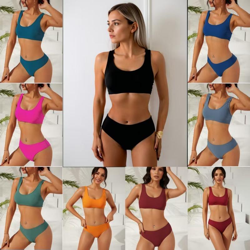 Women S Solid Color Split Swimsuit Beach Bikini Set