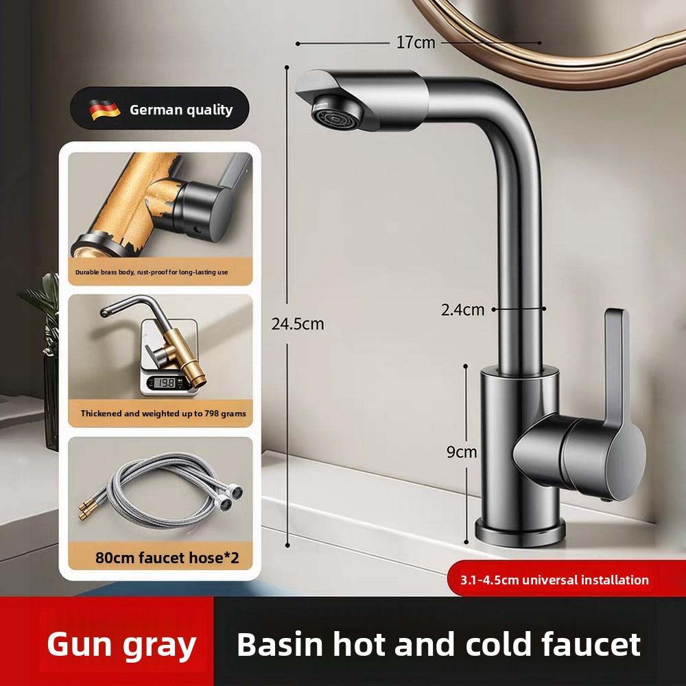 Gun Gray Basin Faucet Cold Hot Mixer Tap 360° Rotate Solid Brass Bathroom Sink Tap Single Handle with 80cm Hoses