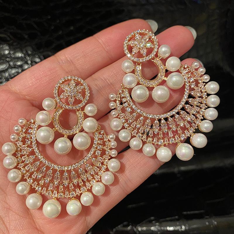 18k real gold electroplated zircon flower pearl earrings European and American exaggerated stud earrings earrings women