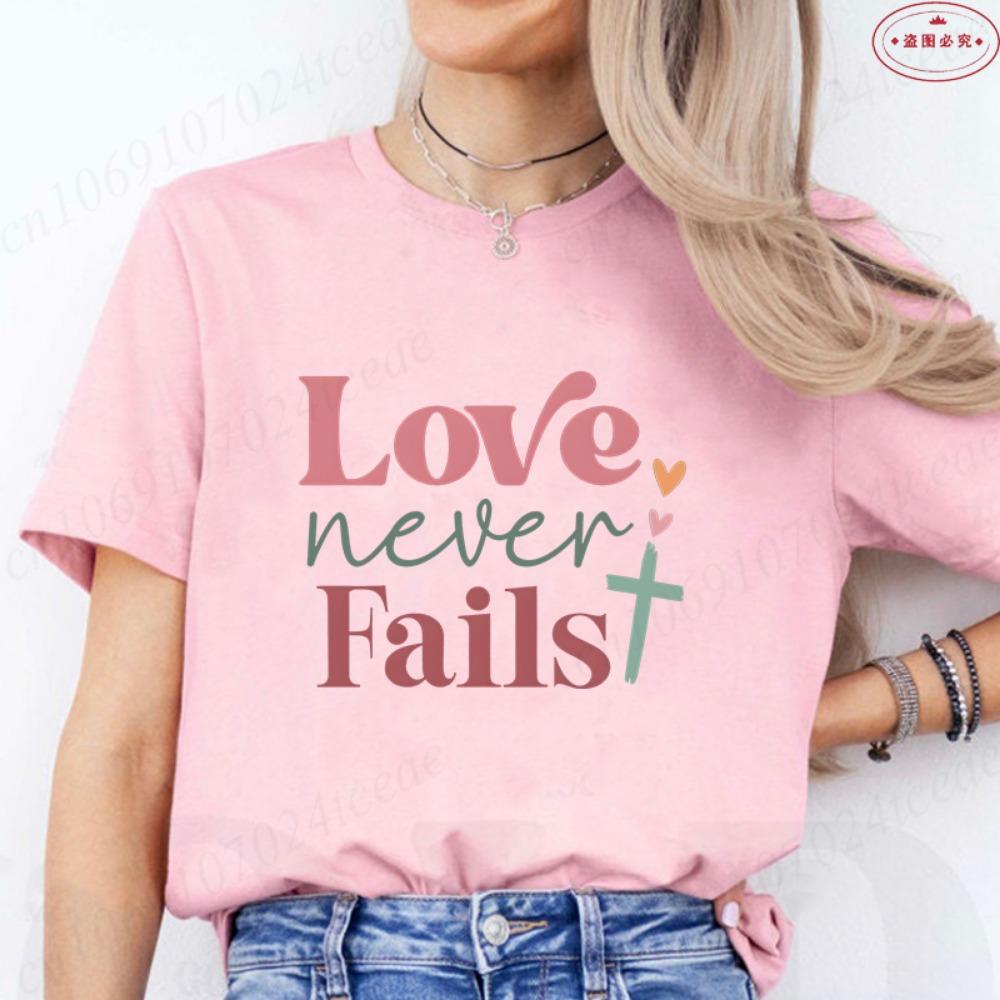 Women's Christian Faith T-Shirt 'Love Never Fails' Retro Color Block Cross Print Tee Casual Short Sleeve O Neck Tops for Church