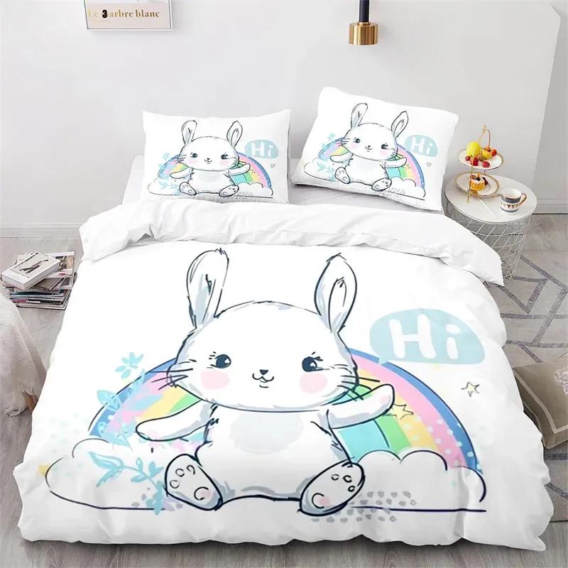 Cartoon Animal Cute Rainbow Rabbit Bedding Set Single Twin Double Queen King Cal King Size Bed Linen Set