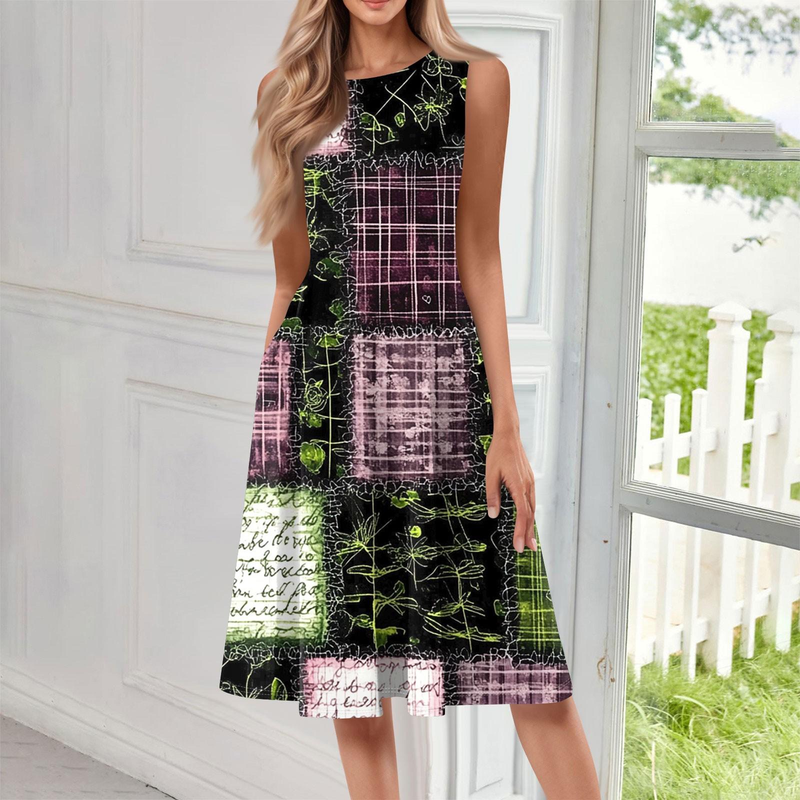 

Женское повседневное модное платье миди с цветочным принтом и круглым вырезом без рукавов XXL