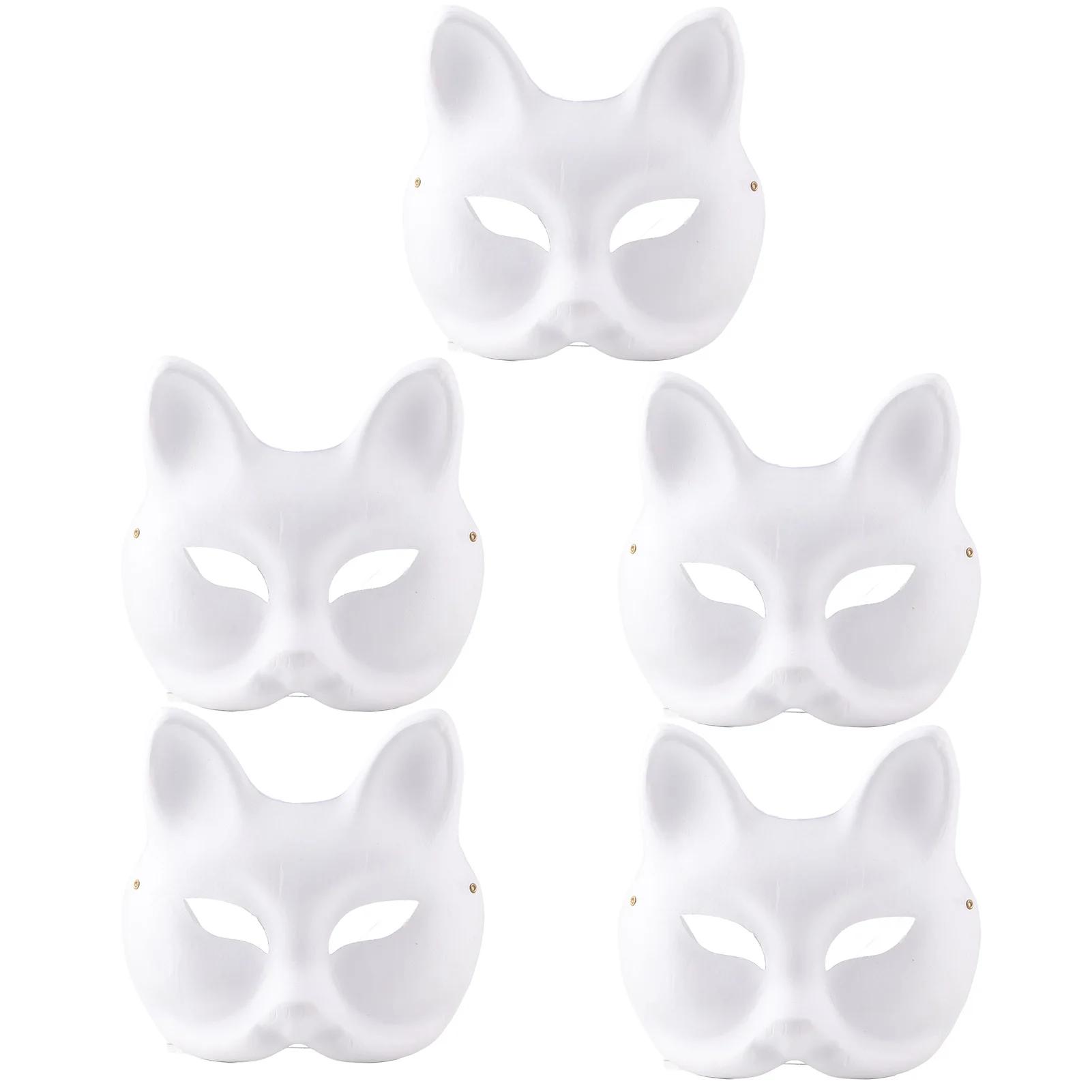 5 Pcs Cat Face White Mask Adult Blank DIY Drawing Mask Halloween Costume Party Accessory