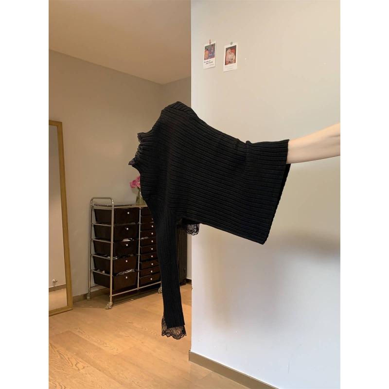 Temperament lace semi-turtleneck top women's autumn and winter slim-fit stacked design sense with knitted sweater fashionable bottoming shirt