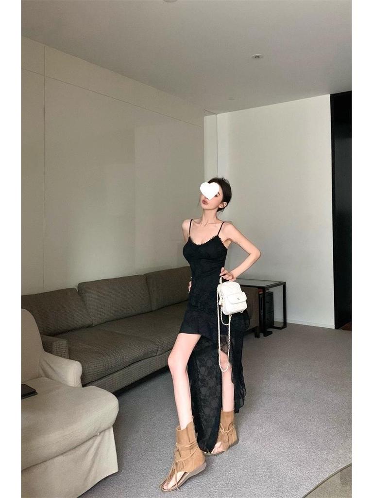 Elegant Women's Lace Ruffle Camisole Dress with Irregular Skirt and Slimming Waist-A-Line Design