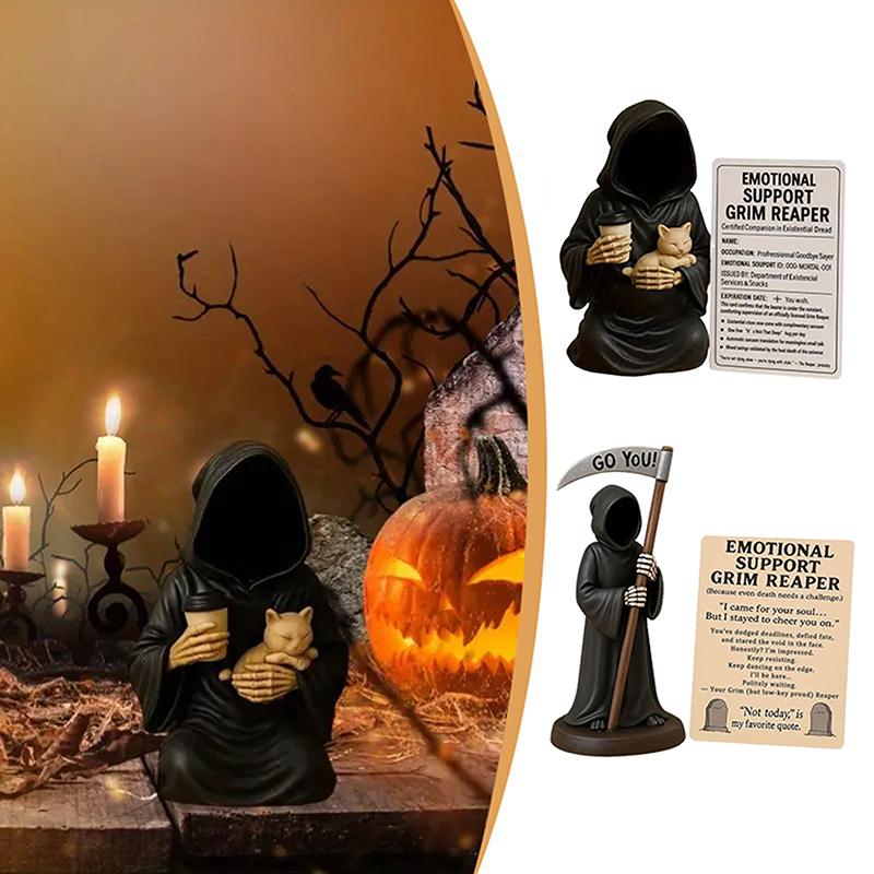Gothic Emotional Support Figurine Grim Reaper Statue Halloween Decoration Holding Coffee & Cat Resin Desktop Ornament