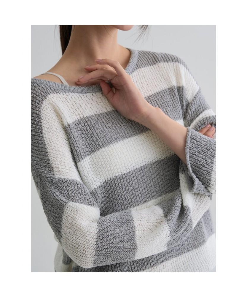 8SECONDS Loose Fit Striped Boat Neck Pullover Light Gray