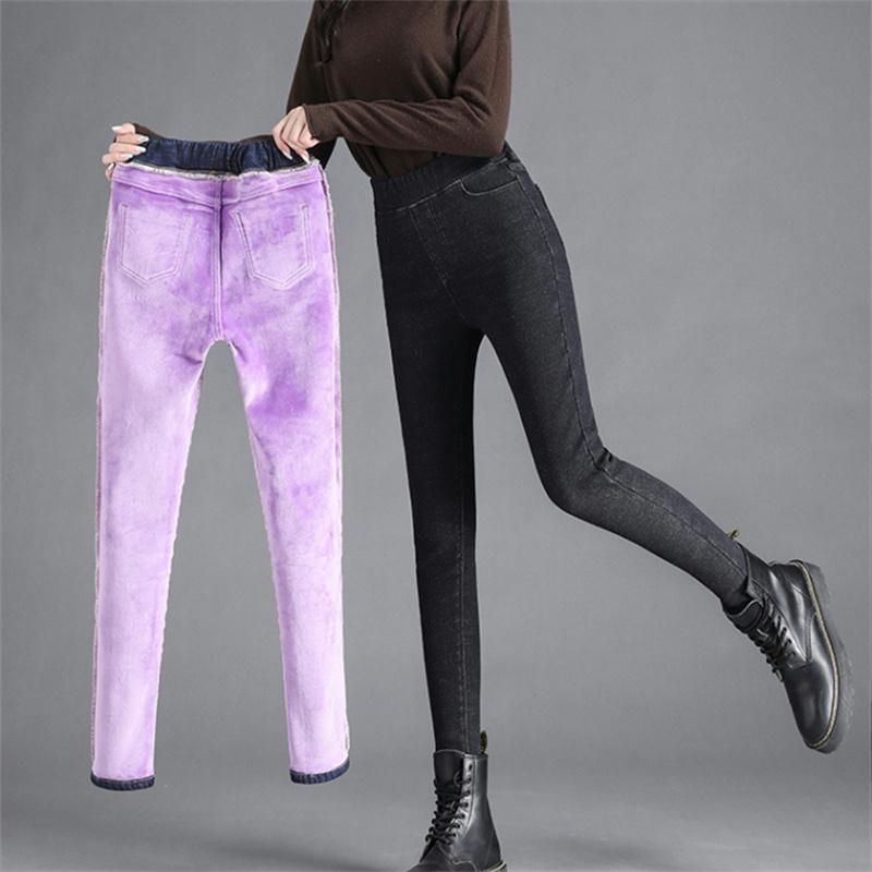 2022 Winter Female Casual Velvet Warm Thicken Trousers  High Elastic Waist Stretch Jeans For Women Skinny Denim Pencil Pants
