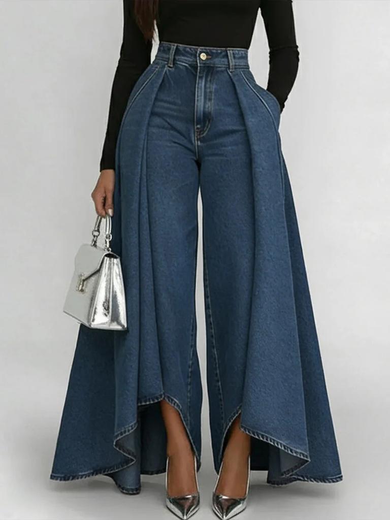 Dunkelblaue High-Waist-Culottes mit weitem Bein und asymmetrischem Saum