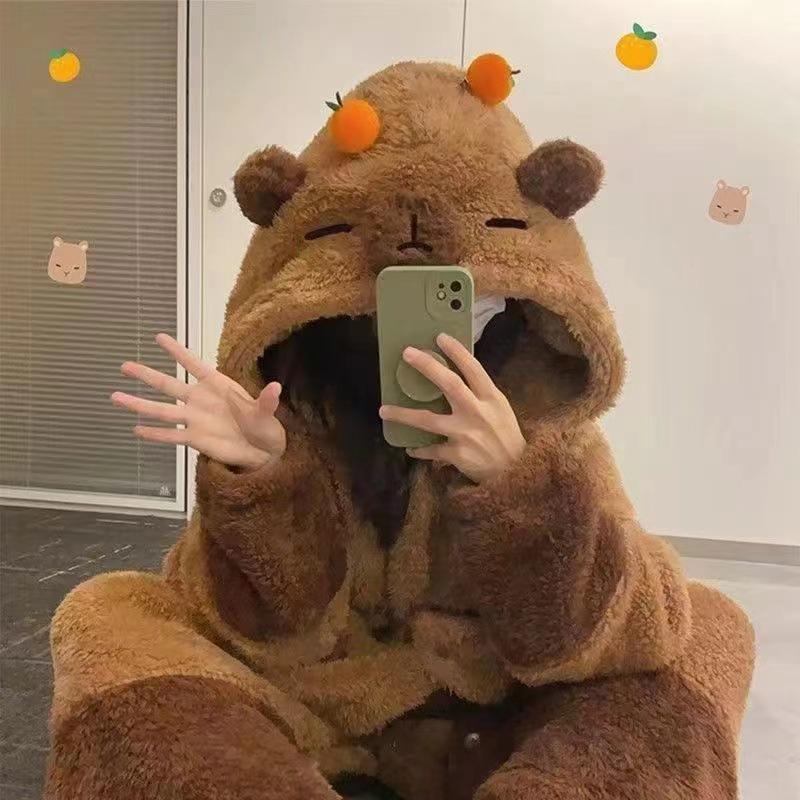 Unisex Uroczy Szlafrok i Piżama z Pluszu Szopa - Jesień/Zima Koralowy Polar