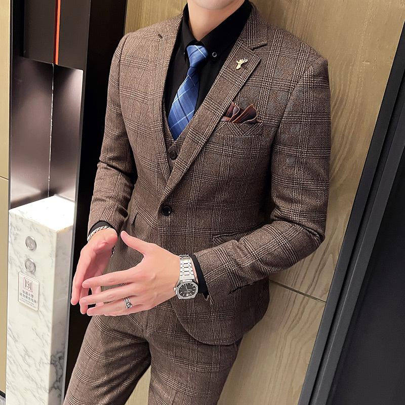 Britisch-koreanische Plaid-Männer (Anzug + Weste + Hose) Stilvoller und schöner dreiteiliger Business-Casual-Anzug