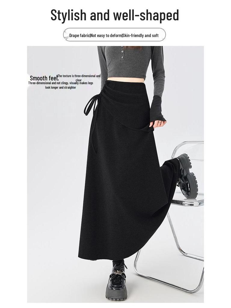 2025 New Design Women's Irregular Gray Woolen A-Line Tie-Up Long Skirt for Autumn/Winter