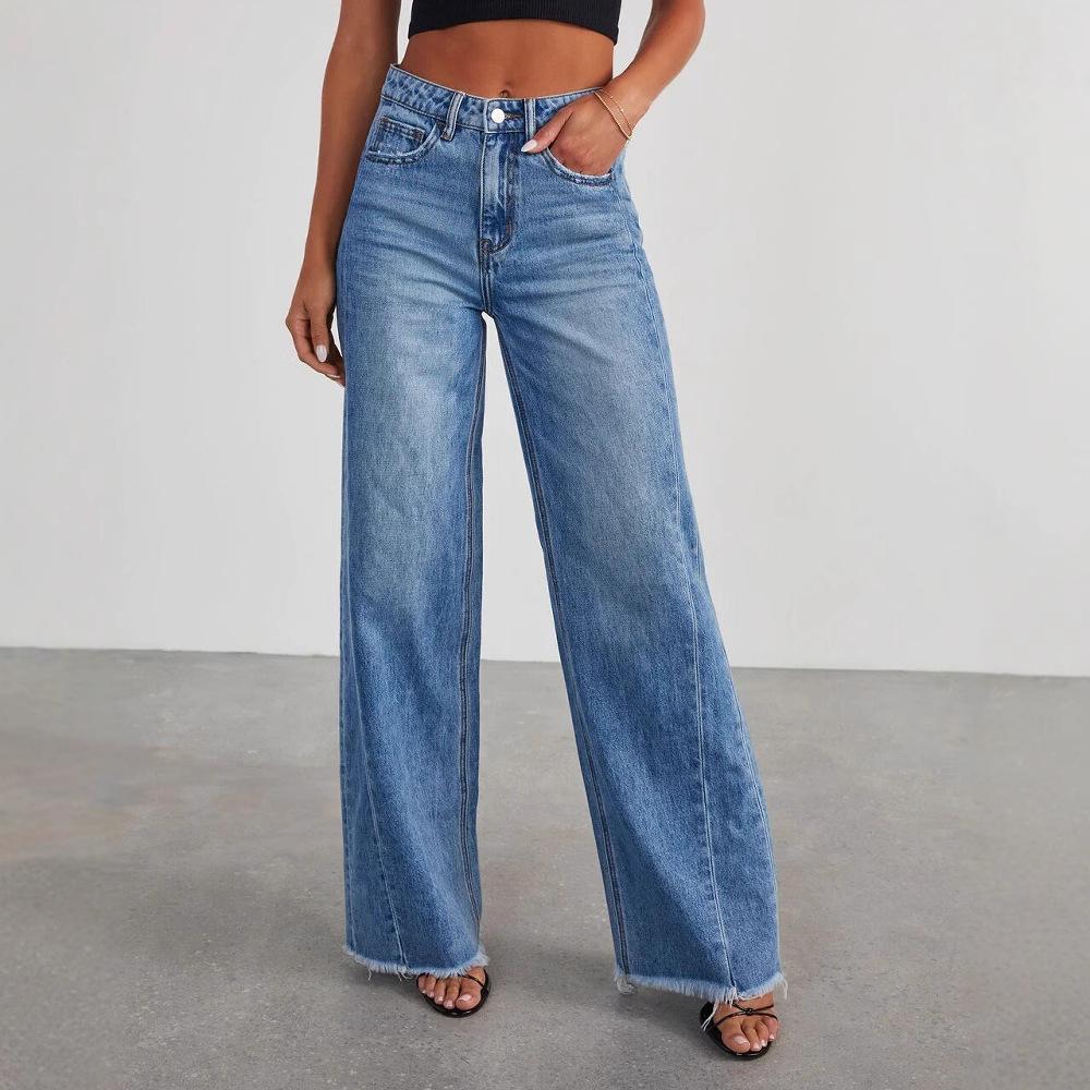 2023 Women's Wide-Leg Patchwork Frayed Hem Jeans