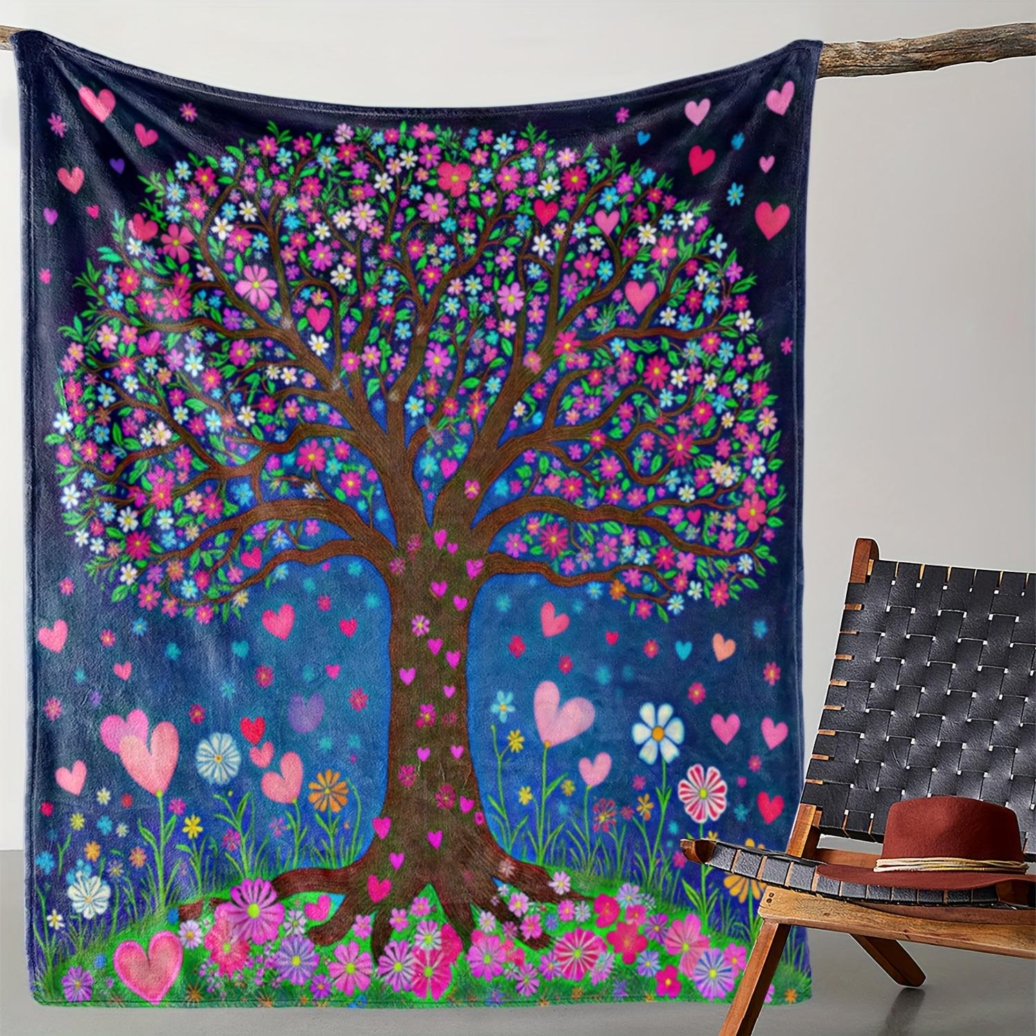 

1pc Floral Tree Blanket with Heart Decorations - Dark Blue Floral pattern Throw - Soft Flannel All-Season Couch Bed Travel Campi 130x150cm