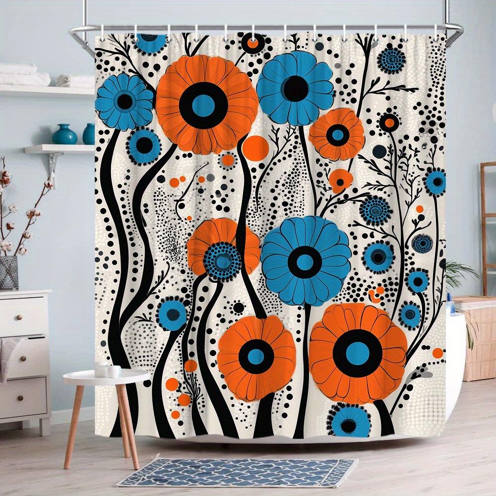 

Bold Floral Print Waterproof Shower Curtain for Bathroom, Orange & Blue Flower Design High-End Toilet Partition Curtain W90XH180cm
