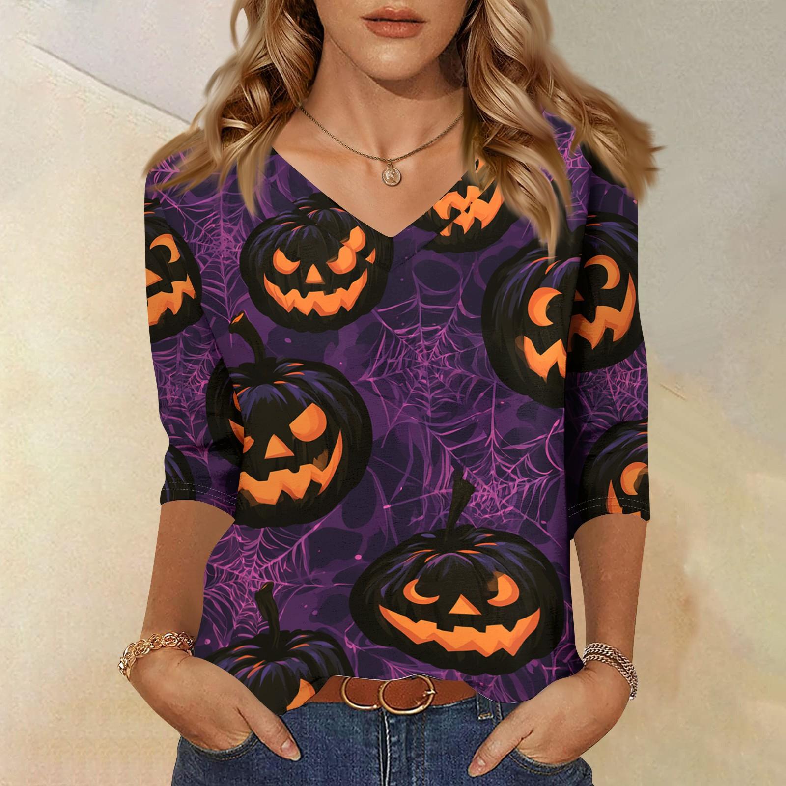 Women s Casual Halloween Print V-Neck Top with Three-Quarter Sleeves XXL