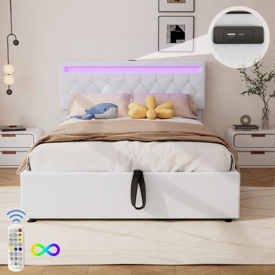 Sleeping Bed 140x200CM Platform with LED Ambient Light 24-Button Remote Control USB Type-C Charging Port Bedroom Double Modern White/Grey Large