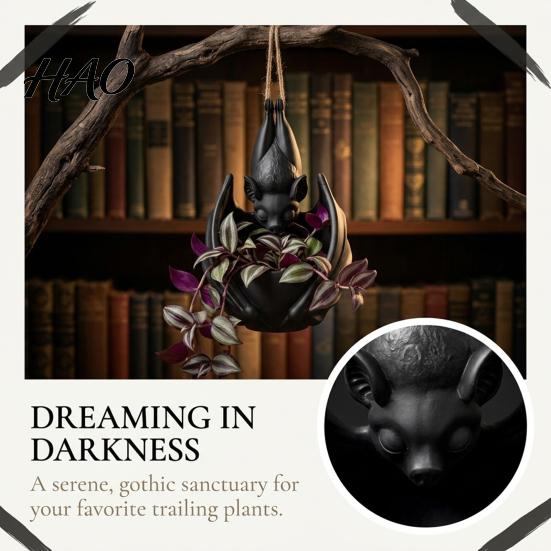 Outdoor Hanging Succulents Container Bat Plant Pot, Gothic Planter for Flowers & Vines, Unique Black Retro Style Statue Decor, Garden Balcony