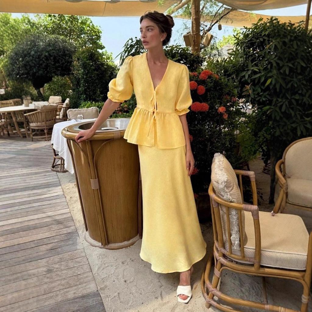 Summer New V-neck Short Sleeve Ruffled Trim Long Midi Skirt Two Piece Set Outfit Women's Casual European American Style