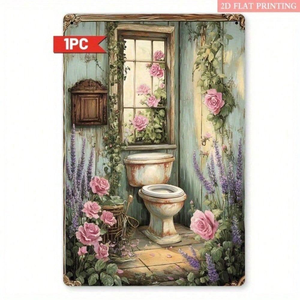 Vintage Iron Roses Metal Poster 8x12, 2D Flat Wall Art for Bathroom Decor