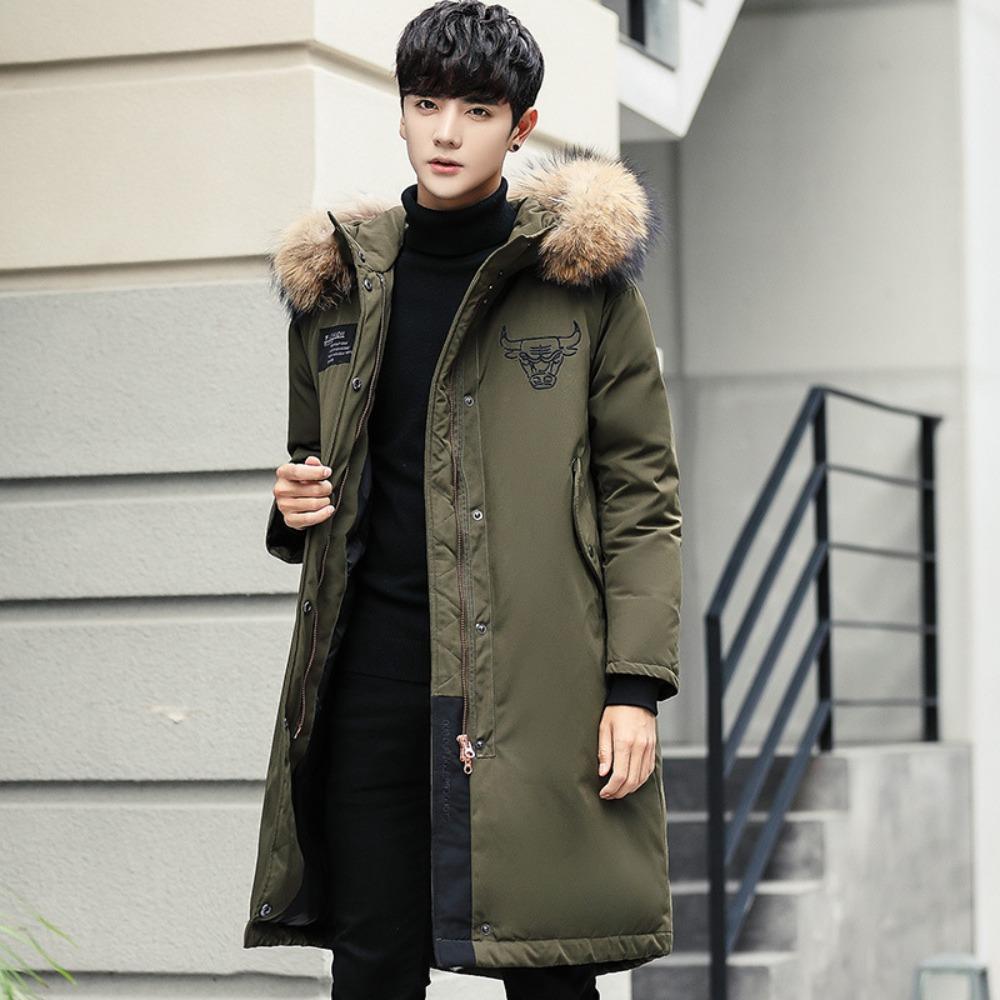 Winter down jacket men's medium and long men's and women's couple pie to overcome thickened warm youth hooded white duck down jacket men