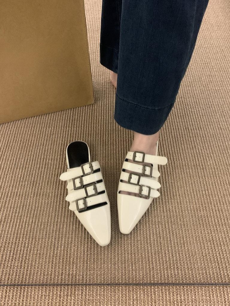 Fashion 2025 Women's Fashion Baotou Slippers Summer New Pointed Hollow Metal Buckle Soft Sole Anti-slip Wear-resistant Flat Sandals