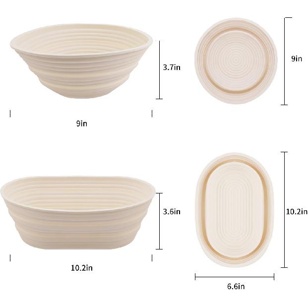 Sourdough Bread Baking Supplies, Set of 2 Silicone Banneton Bread Proofing Baskets, 9 Inch Round & 10 Inch Oval Foldable Proofing Baskets, Optimum