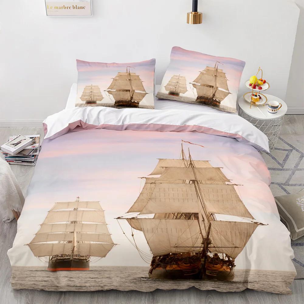 Vintage Sailboat Duvet Cover Nautical Ocean For Children Teen Adult Ship Fire Black Retro Style Polyester Quilt Cover Room Decor