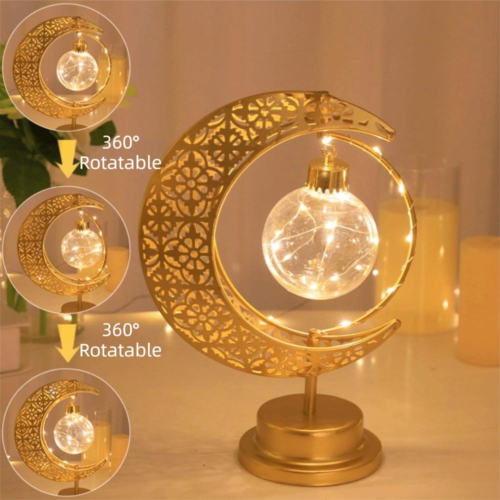 Metal LED Moon Lamp Rotating Design Golden Finish Table Light Star Pattern Elegant Night Light Holiday Atmosphere