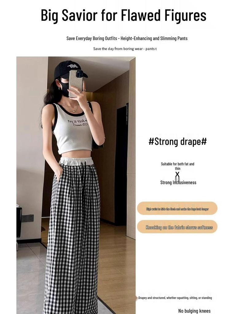 Korean Sweet Pink Check Wide-Leg High-Waist Women's Summer Pants
