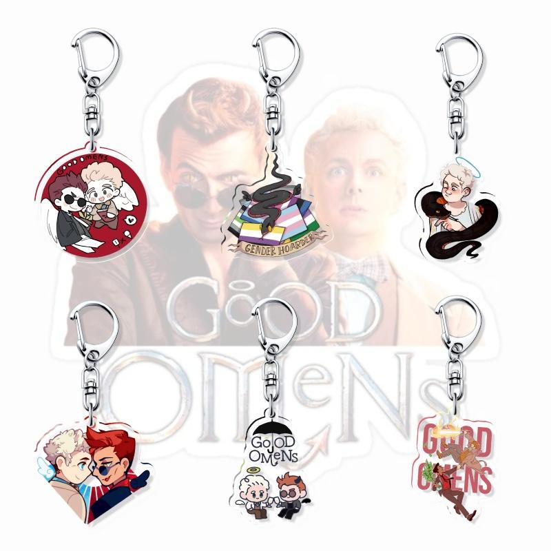 Chic Studio Unisex Silver Good Omens Hot Couple Famous Tv Dramas Keychain Bromance Acrylic Lovely Bag Charm Pendant Gift Key Chain Cute Souvenir Creative