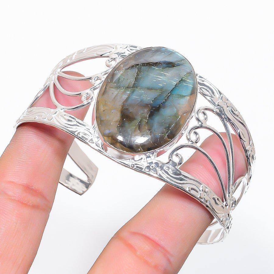 

Natural Labradorite Gemstone 925 Sterling Silver Cuff Bangle Adjustable C3W40