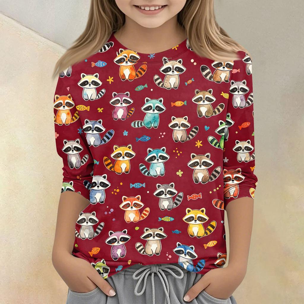 Kids Animal Print Crew Neck Three Quarter Sleeve Casual T Shirt Soft Fabric Comfortable Fit Lightweight Design for Everyday Wear