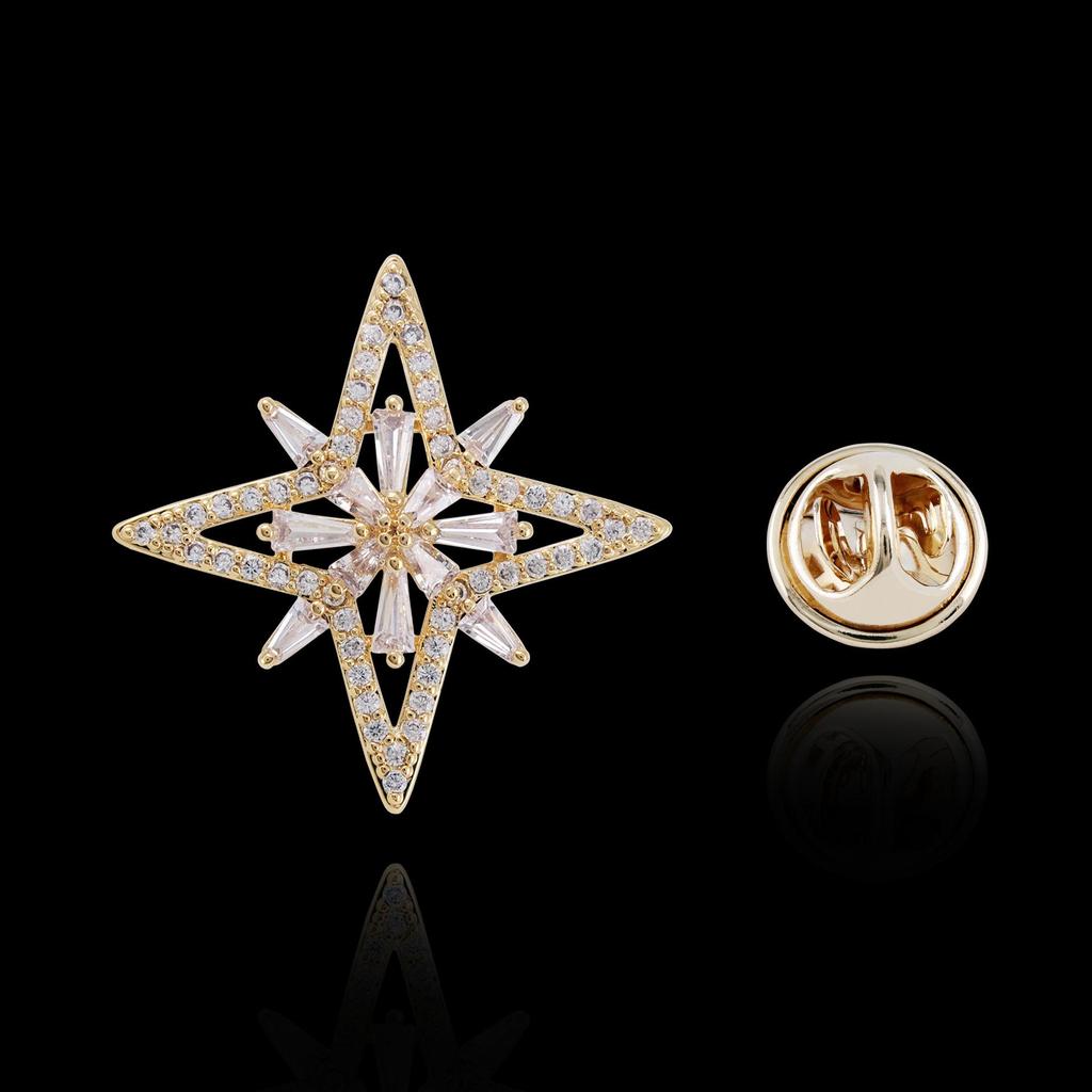 Cross Starlight Zircon Copper Brooch - Elegant Eight-Pointed Star Lapel Pin for Men & Women