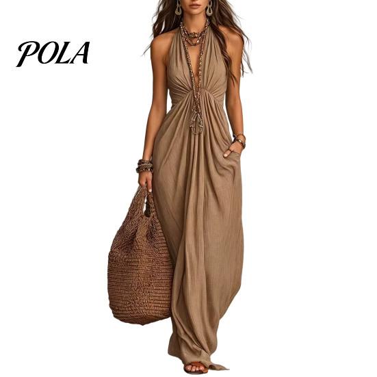 Rochie casual tip halteră plisată pentru femei, rochie maxi cu gât, decolteu adânc V, fără mâneci, fluidă, rochie de soare pentru vacanță la plajă, de vară, fluidă, cu buzunare, fustă lungă care subțiază