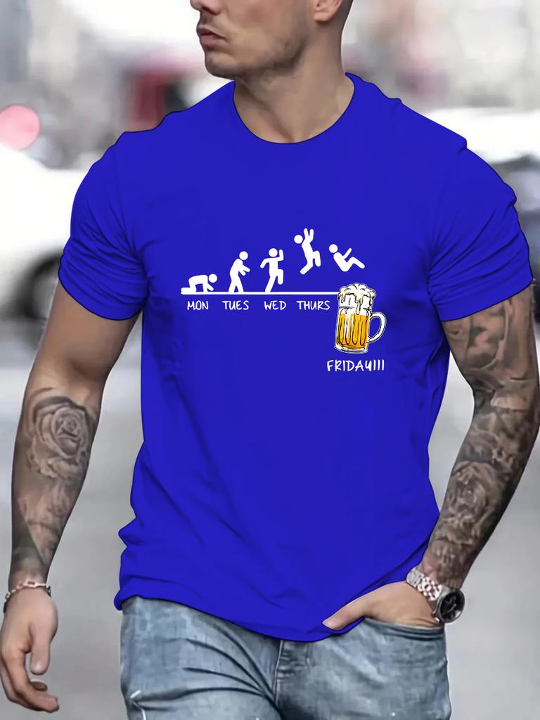 Summer Men's 100% Cotton Casual Size Jumping In Beer Print Round Neck Short Sleeved T-shirt Top